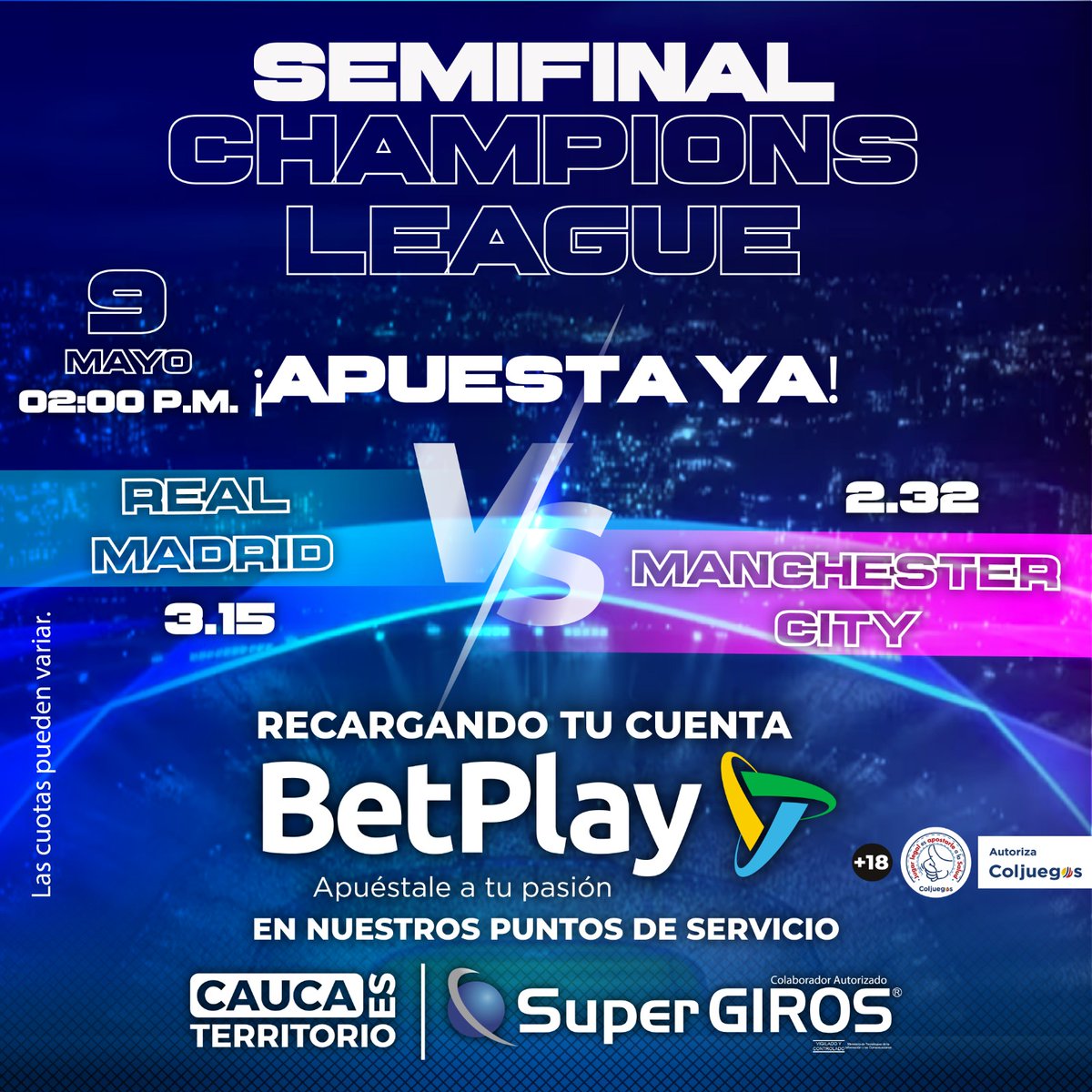 SuperGIROSCauca's tweet photo. Gana dinero apostando en la #semifinal de la #ChampionsLeague 🤑

¿Cuál es tu equipo favorito para cada partido? 🧐

¡Recarga ya! en nuestros puntos #SuperGIROS tu cuenta @BetPlayCO para que realices tus apuestas y vivas tu pasión por el fútbol ganando 💵 https://t.co/XAWVQaiuJ3
