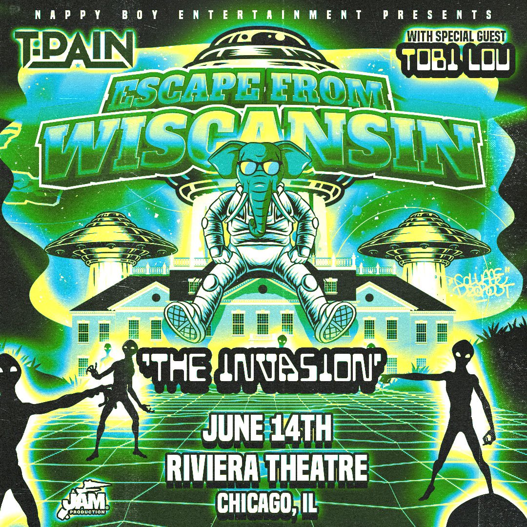 Power92Chicago's tweet photo. The invasion is coming! Don't miss @TPAIN “Escape From Wiscansin” Tour at the Riveria Theatre on June 14th with special guest @tobilou ! Tune in to @DjNehpets in the 6p hour for a chance to see T-Pain Live only on @power92chicago 🔥
#power92
#power92chicago
#tpain
#chicago https://t.co/gBGpN15MBZ