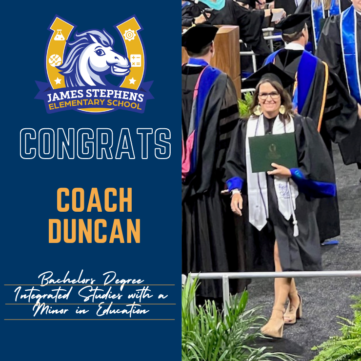 JSEMustangs's tweet photo. Congratulations to our very own Mustang, Coach Duncan, on her recent graduation from @fgcu . We are so proud of your hard work and determination! Way to set an example for our little Mustangs. #leader #JSEMustangs #proud https://t.co/AnHSPp6MtV