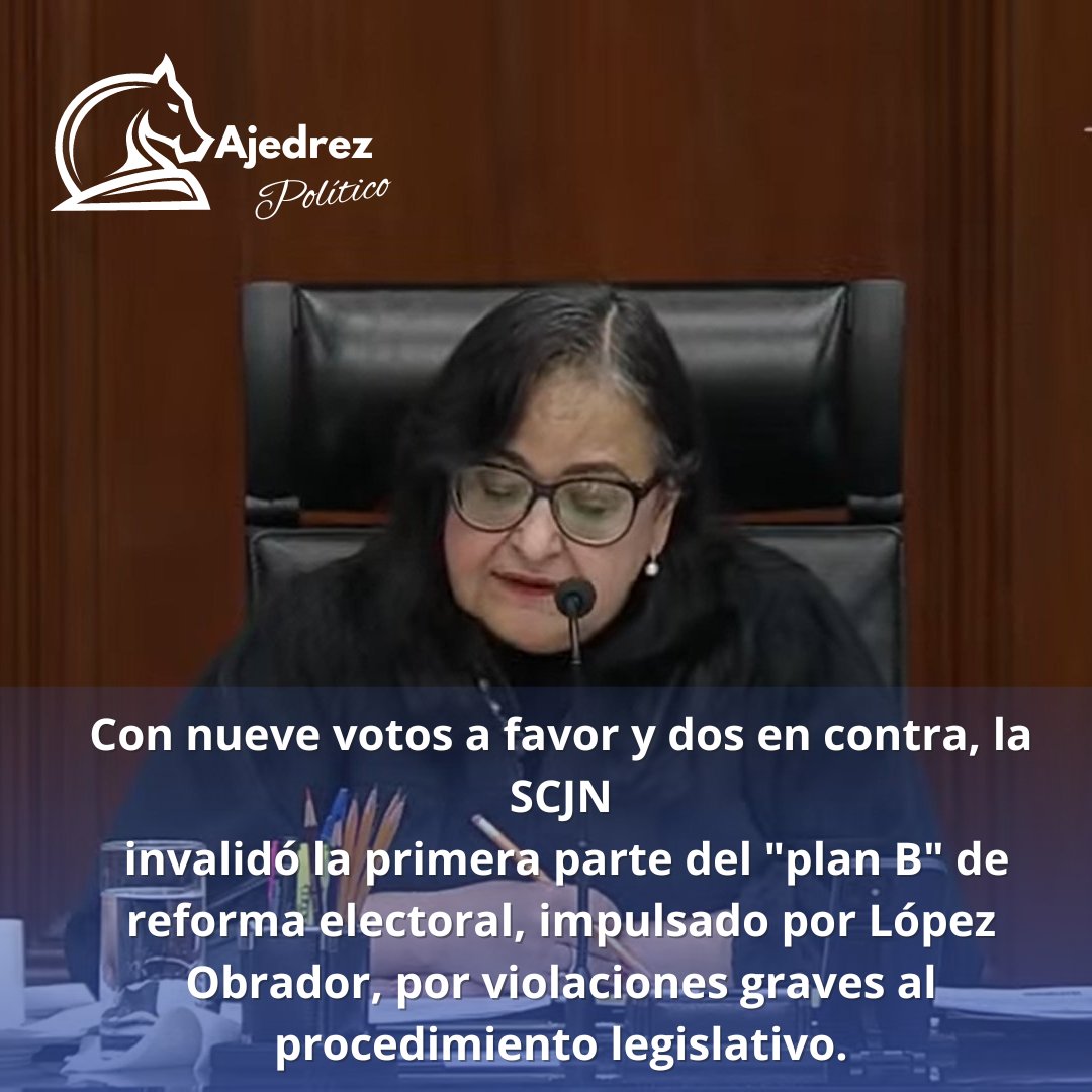 AjedrezPolitiko's tweet photo. #ÚltimoMinuto

La SCJN ha echado para atrás la primera parte de la reforma electoral. Con 9 votos a 2, los ministros están a favor de la anular del Plan B de AMLO. https://t.co/rKaBVPmlBR