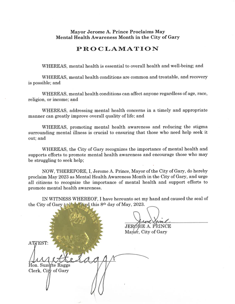 My Administration asked for and received a $1.5 million appropriation for our Mobile Mental Health Initiative. Today, I proclaimed that Gary will recognize #MentalHealthAwarenessMonth and continue our work in this area to improve the quality of life  for all of our citizens.