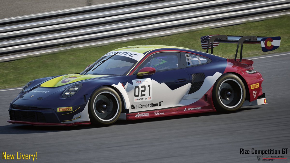 RizeCompetition's tweet photo. 🔴New livery!📸
Were excited to reveal the debut scheme for the teams new #Porsche992🔥

Bringing the same Rocky Mtn style to the track &amp; collecting our entered leagues/events on the roof🏁

🖌️Created by Lagze Livery
✅https://t.co/Jl4rzSiKKj

#beACC #PorscheMotorsport #simracing https://t.co/YyDgB60m7S