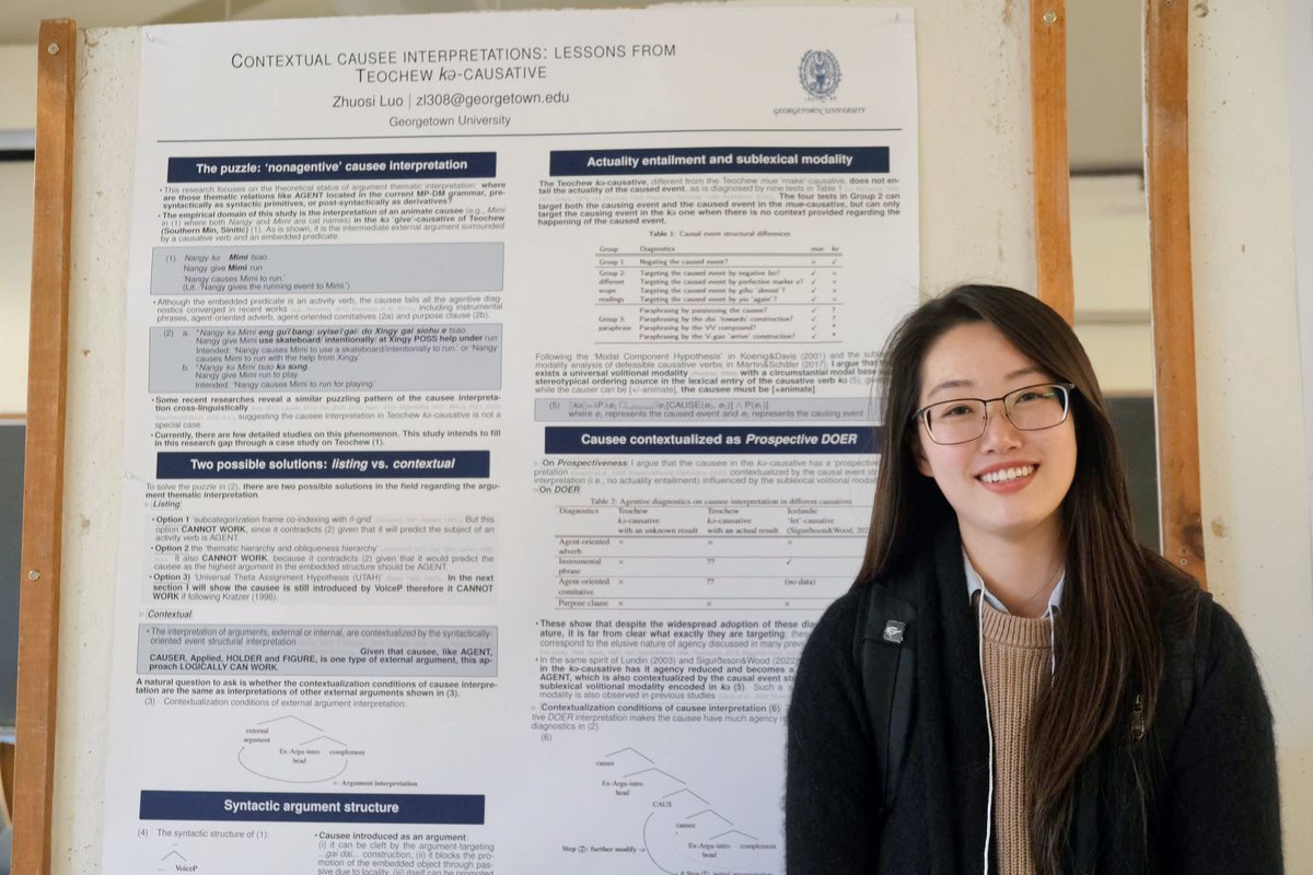 Grad students Zhuosi Luo (@LuoNangfa) and Xiang Li each presented at WCCFL 41 last weekend! Zhuosi presented on the interpretation of causees in Teochew, and Xiang presented joint research with @PHPortner on pronouns in Uyghur attitude reports #syntax #semantics