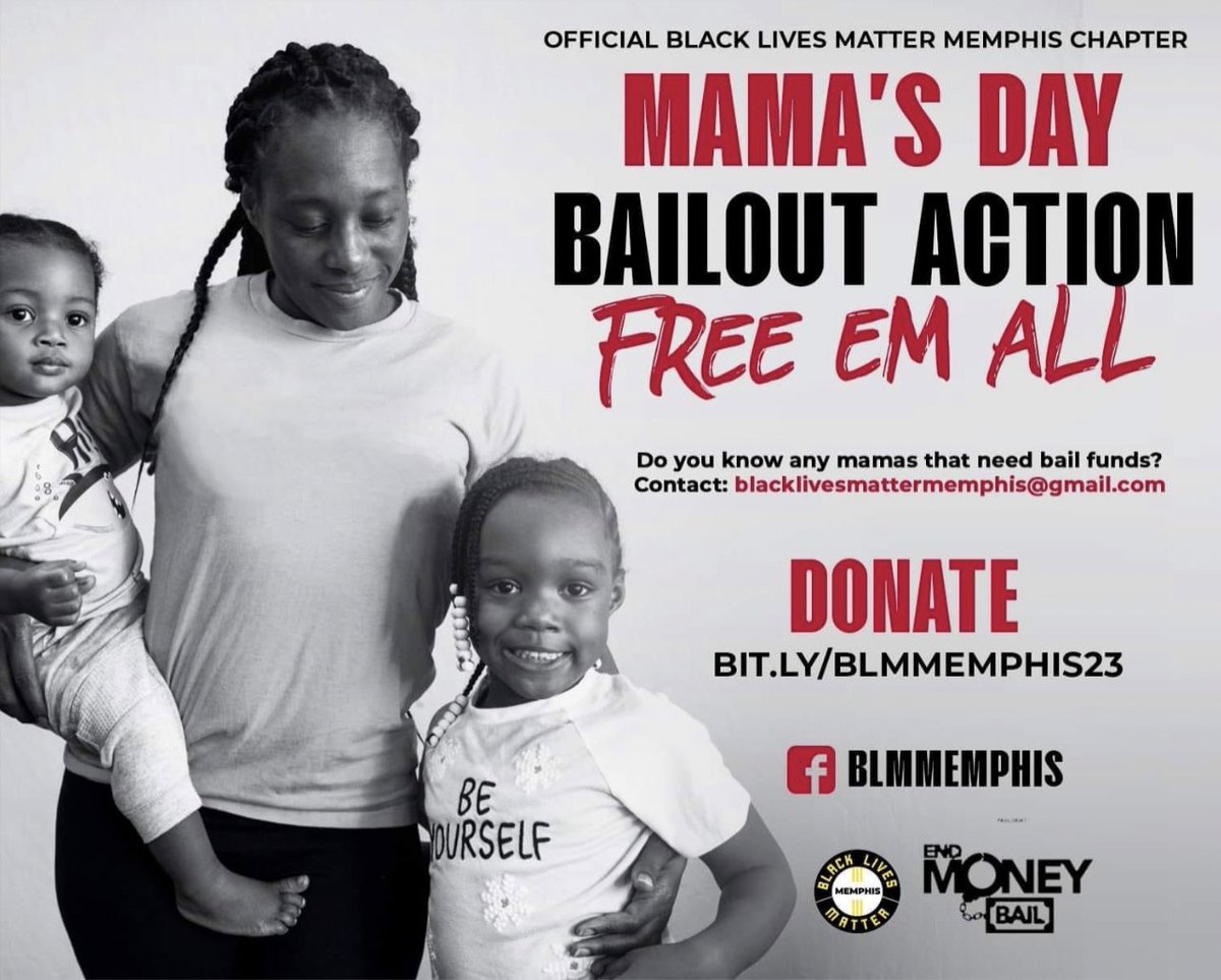 The Mama’s Day Bailout Action is this weekend! #WeKeepUsSafe and that means bailing folks out and giving them the resources they need to thrive. If you want to support bailing out Black mama’s and caregivers you can donate here 👇🏽 #FreeEmAll 
Bit.ly/BLMMemphis23