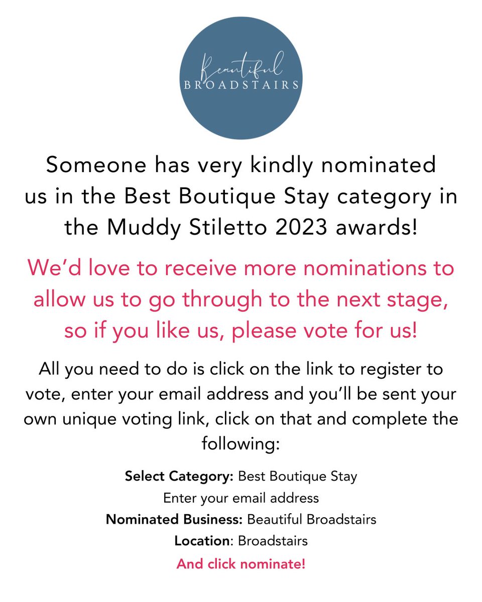 VOTING CLOSES TODAY! 

Beautiful Broadstairs has been nominated in the 2023 Muddy Stilettos Awards - Best Boutique Stay ✨
We would love your vote!…

kent.muddystilettos.co.uk/awards/nominate

#MuddyAward2023 #InLoveWithLocal