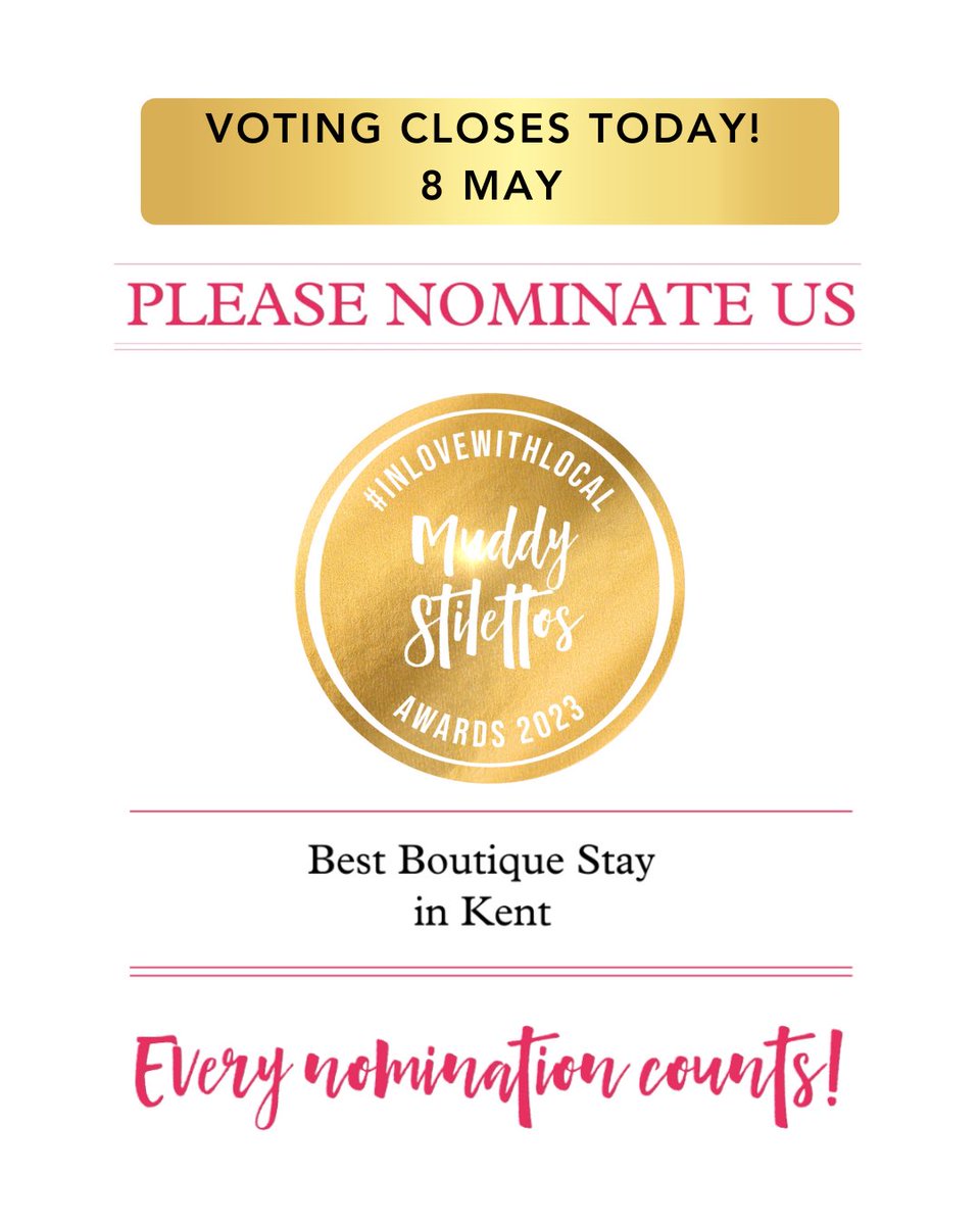 BBroadstairs's tweet photo. VOTING CLOSES TODAY! 

Beautiful Broadstairs has been nominated in the 2023 Muddy Stilettos Awards - Best Boutique Stay ✨
We would love your vote!…

https://t.co/BuHZeJmrH5

#MuddyAward2023 #InLoveWithLocal https://t.co/ibBX7xv0Kz