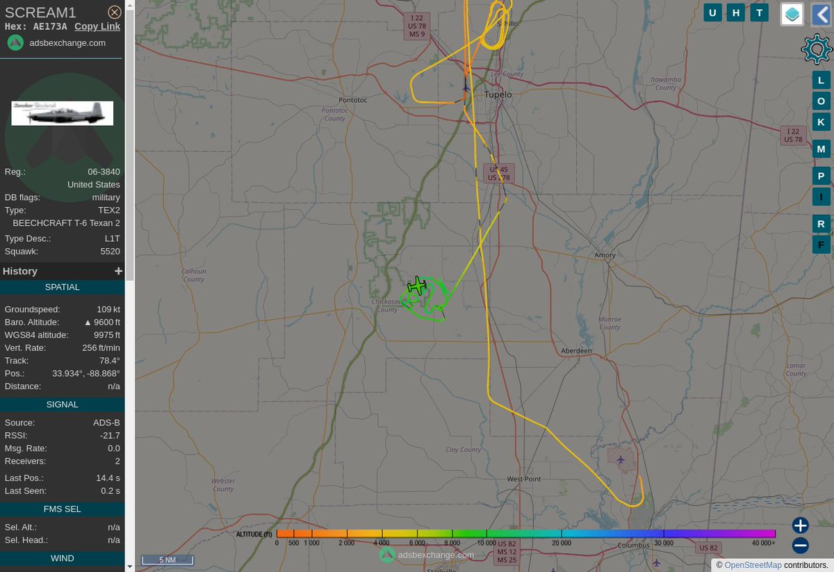 Radar_Assistant's tweet image. MULTI ADSBX CIRCLING ALERT : At time Mon May  8 21:47:03 2023 #SCREAM1  was likely to be circling at FL109 17nm from TU Veron_NDB_US
 near Buena Vista, Chickasaw County, Mississippi, United #AvGeek #ADSB globe.adsbexchange.com/?icao=AE173A&amp;amp;z…