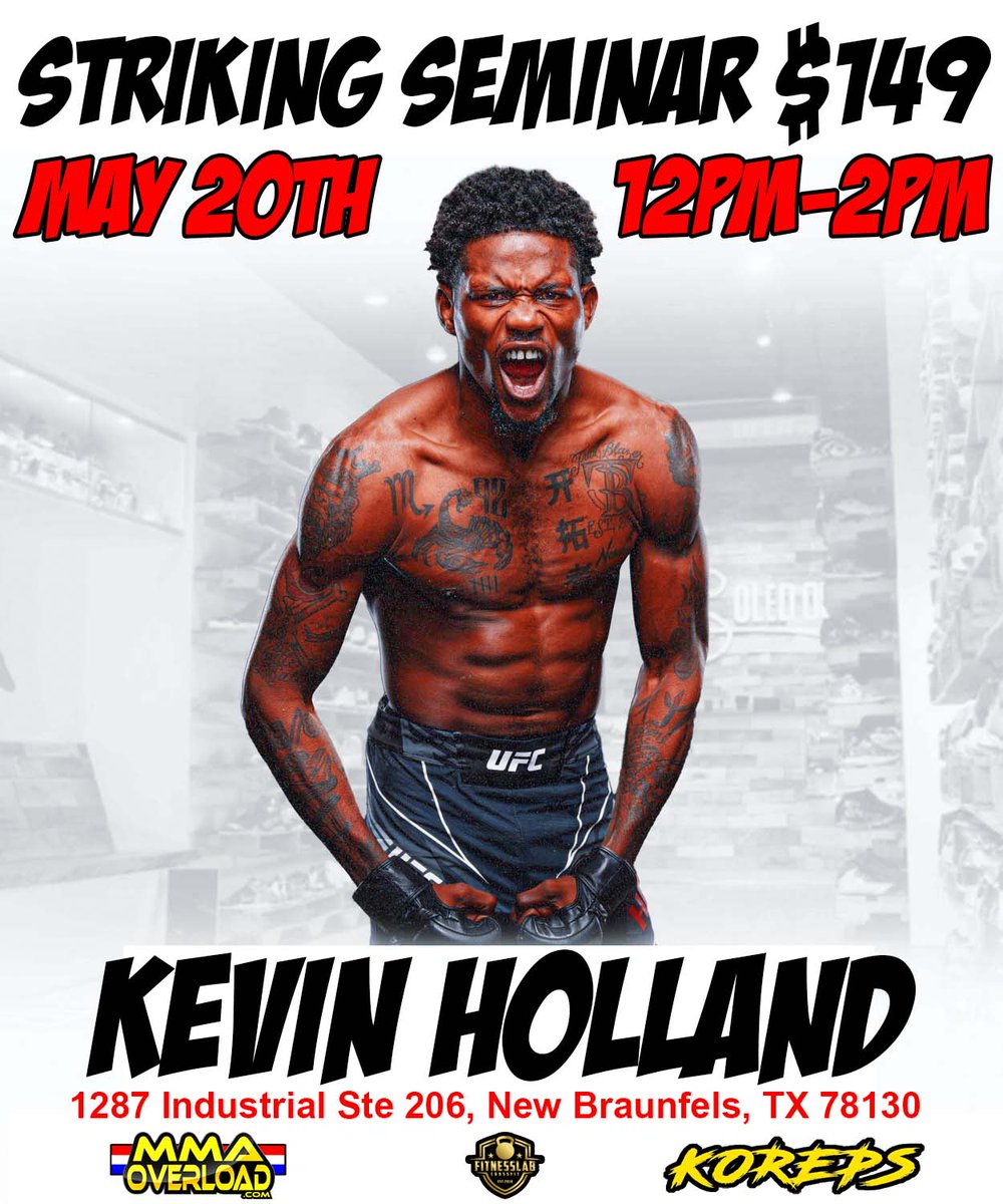 mmaoverload's tweet photo. UFC Fighter Kevin Holland Striking Seminar May 20th, New Braunfels, TX. Details and payment information at MMA Overload or call 830-643-0400 #kevinholland #trailblazer #ufc #mma #training #boxing #muaythai https://t.co/84QnqVgiCW