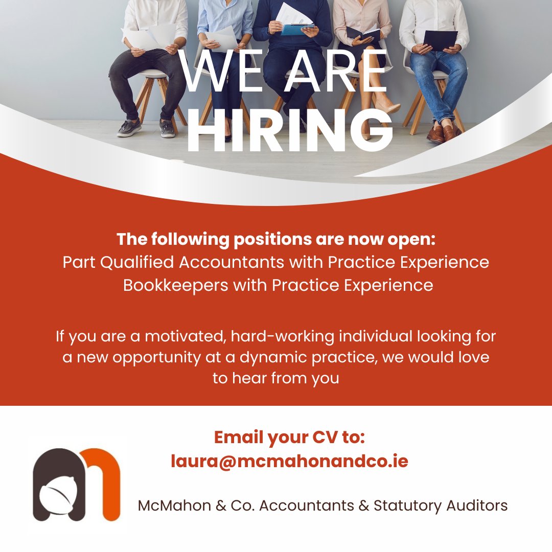 We are hiring! See mcmahonandco.ie/2023/05/03/new…

#jobfairy #workforus #mcmahonandcoaccountants 
#jobfairyireland #jobfairykildare #accountancyjobs #bookkeepingjobs #kildare #hiringnow #wearehiring #jobopportunities