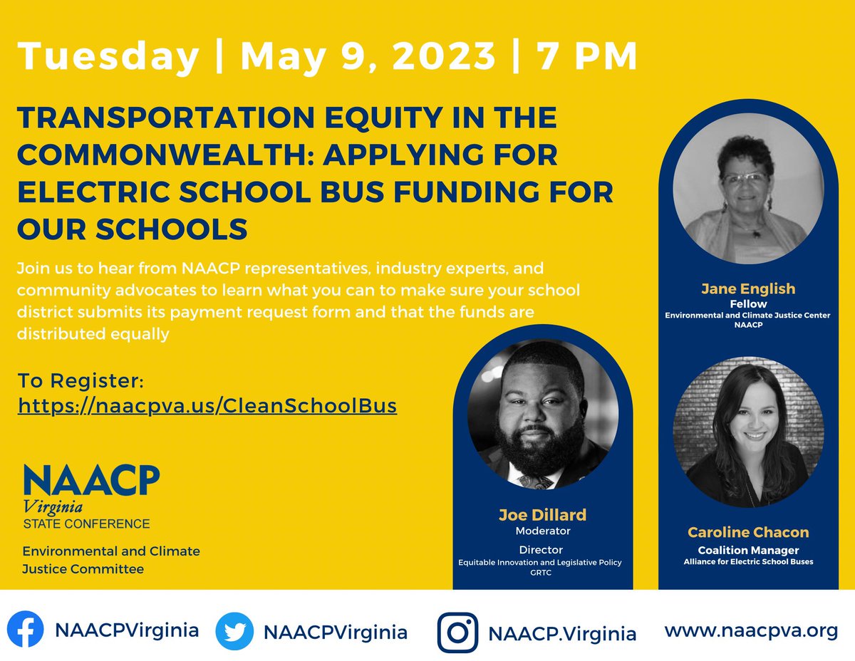 Join @NAACPVirginia to for Transportation Equity In The Commonwealth Registration Link: naacpva.us/CleanSchoolBus