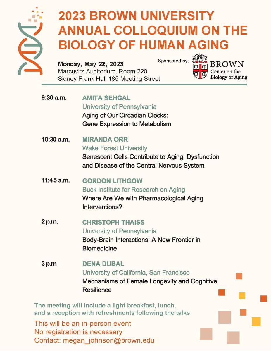 Brown Center on the Biology of Aging (@brownboa) on Twitter photo We are just 2 weeks away from our Annual Colloquium on the Biology of Human Aging! We cannot wait to host this amazing group of scientists! #biologyofaging #agingresearch <a href="/amitaseh/">Amita Sehgal</a> <a href="/DenaDubal/">Dena Dubal</a> <a href="/ChristophThaiss/">Christoph Thaiss</a> <a href="/OrrLaboratory/">Orr laboratory</a> We are just 2 weeks away from our Annual Colloquium on the Biology of Human Aging! We cannot wait to host this amazing group of scientists! #biologyofaging #agingresearch <a href="/amitaseh/">Amita Sehgal</a> <a href="/DenaDubal/">Dena Dubal</a> <a href="/ChristophThaiss/">Christoph Thaiss</a> <a href="/OrrLaboratory/">Orr laboratory</a>