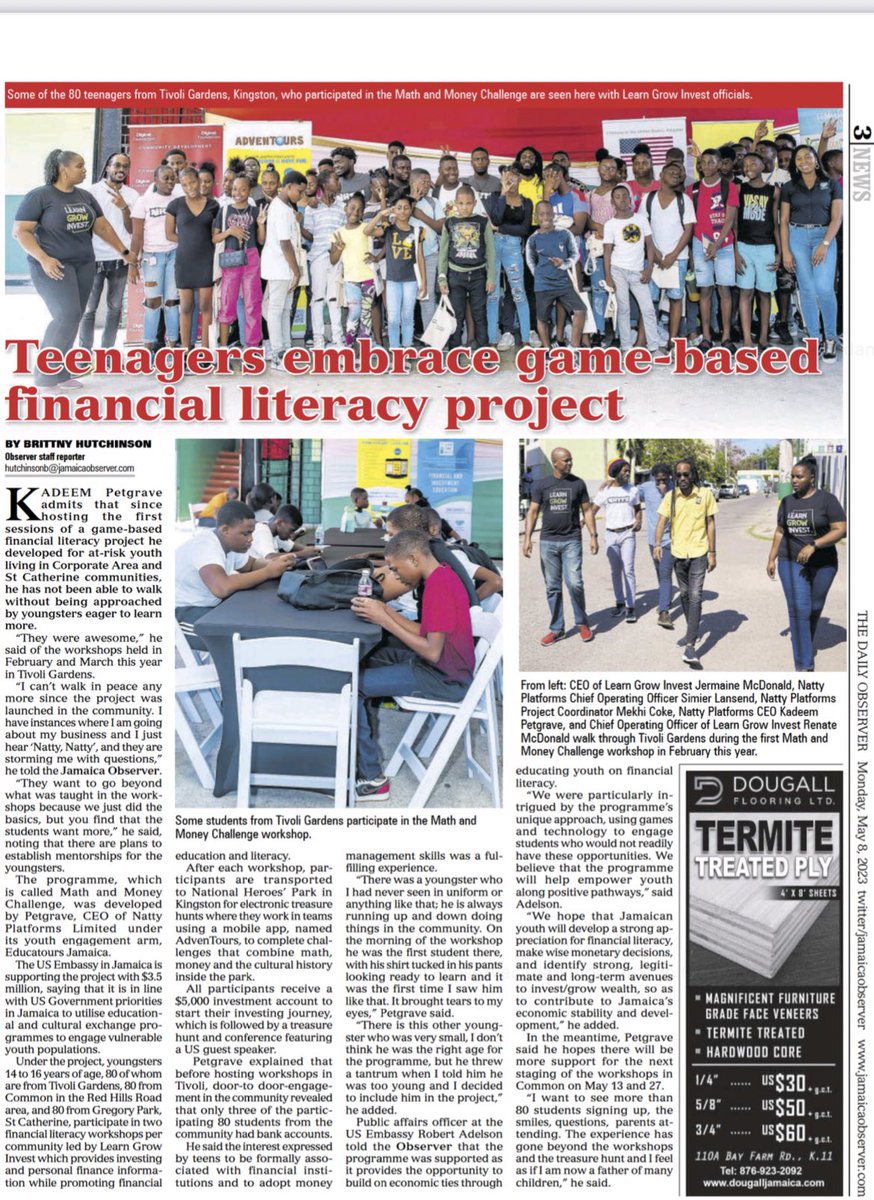 It feels good to do good! Thank you <a href="/JamaicaObserver/">Jamaica Observer</a>, for highlighting our work in today’s paper. 🙏🏾 

Cc: <a href="/USEmbassyJA/">US Embassy Jamaica</a> <a href="/NattyPlatforms/">NATTY</a> <a href="/LearnGrowInvest/">Learn Grow Invest</a> <a href="/educatoursja/">EDUCATOURS JA 🌞</a> 

Article: jamaicaobserver.com/news/teenagers…