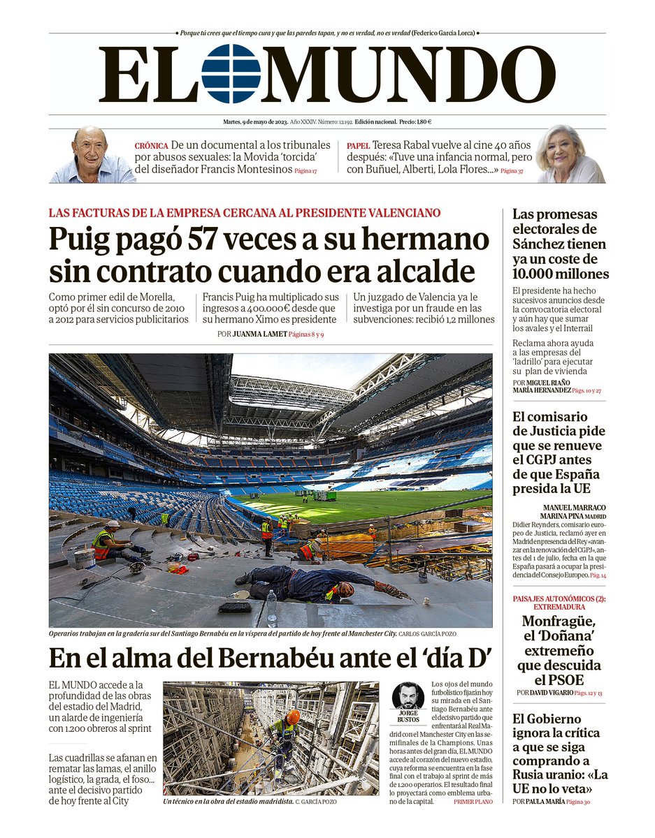 elmundoes's tweet photo. 📰 Portada de EL MUNDO del martes 9 de mayo.    

Ya disponible en Orbyt y en la edición digital con la mejor información. https://t.co/xFwd0rkdNO
