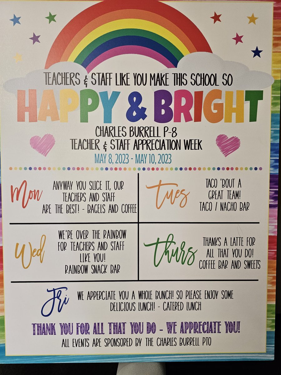 burrellartsk12's tweet photo. This week, we celebrate #TeacherAppreciation!!! We love our #BurrellArts teachers & staff. Every day, teachers & staff come into work ready to #educate our young Creators!
Thank you to our amazing #PTO. They have planned for the whole week!
#burrellartsk12 #WeAreCreators https://t.co/W7ooJ1mVIv