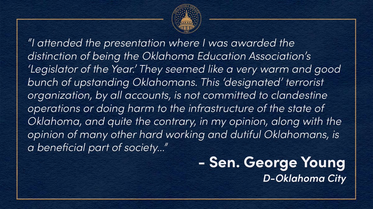 oksenate's tweet photo. Sen. George Young, D-Oklahoma City, has released a statement after he was awarded the Legislator of the Year award from the Oklahoma Education Association.

Learn more at https://t.co/sRv2h07tEU https://t.co/sXxgvkb4jm