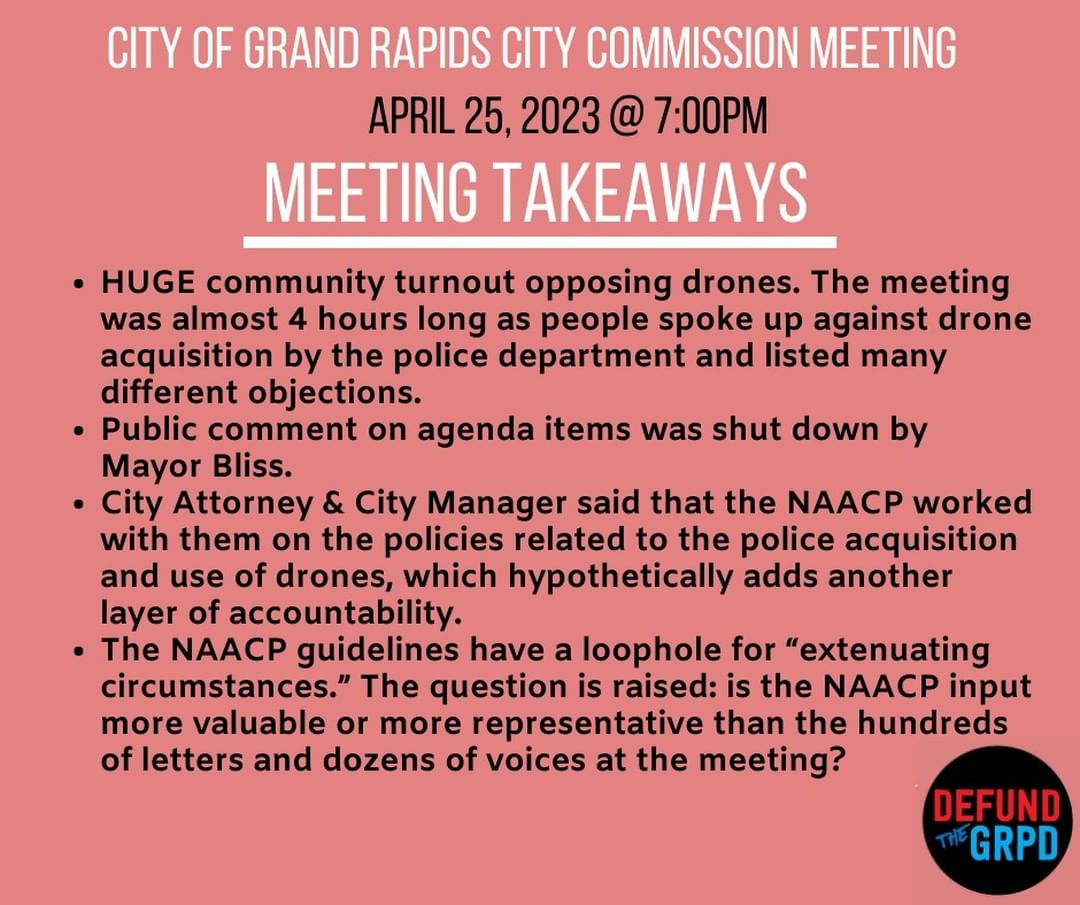 DefundTheGRPD's tweet photo. City of Grand Rapids City Commission Meeting
April 25, 2023 @ 7:00 PM
Meeting Takeaways:

Full notes available at link in our bio. https://t.co/Z0hHSfAzGE