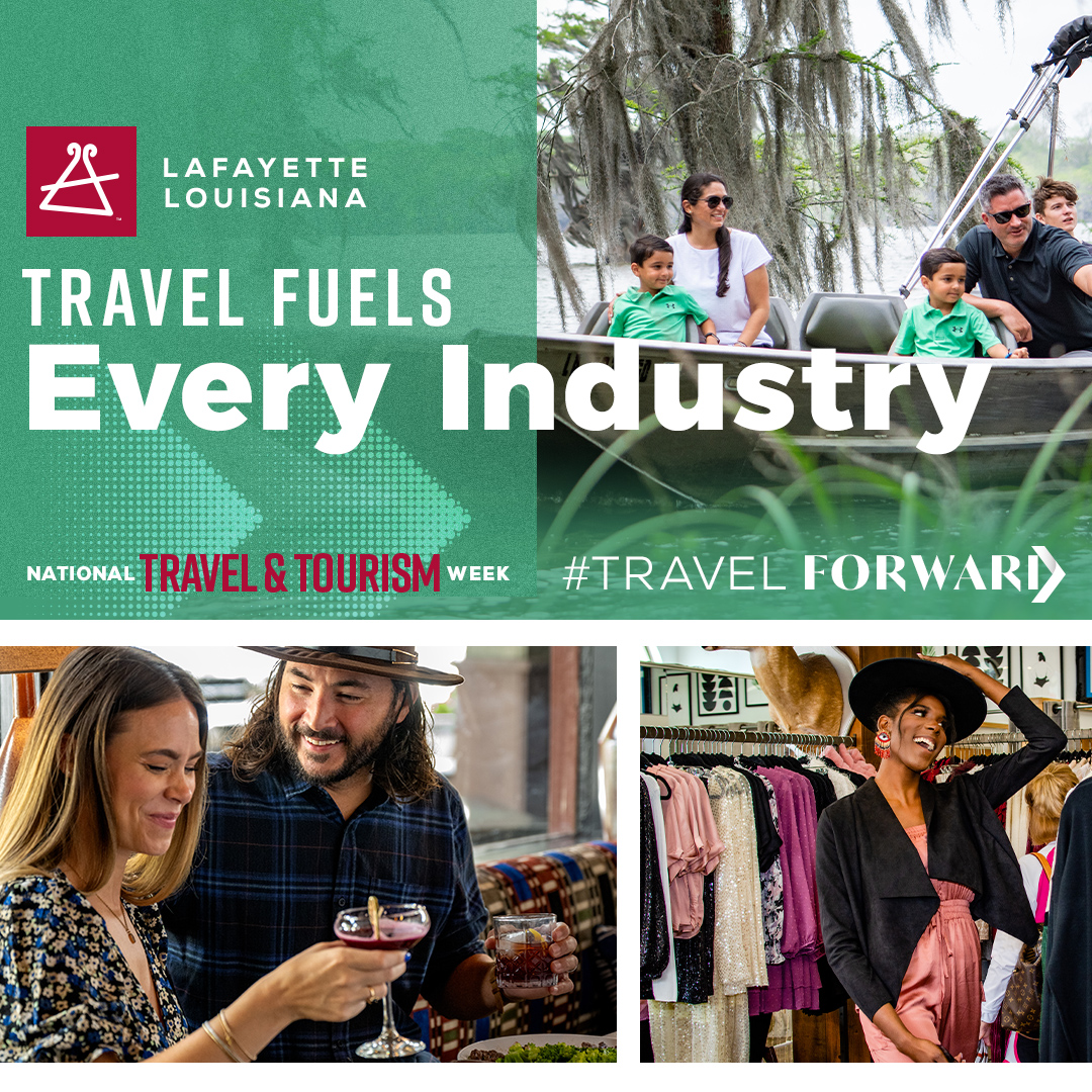 Happy National Travel and Tourism Week from LCVC! Our industry is the heart of the American economy and is essential to the vibrancy and success of our nation. When we move #TravelForward we move America forward. 

#NTTW23 #lafayettetravel #eatlafayette #explorelouisiana