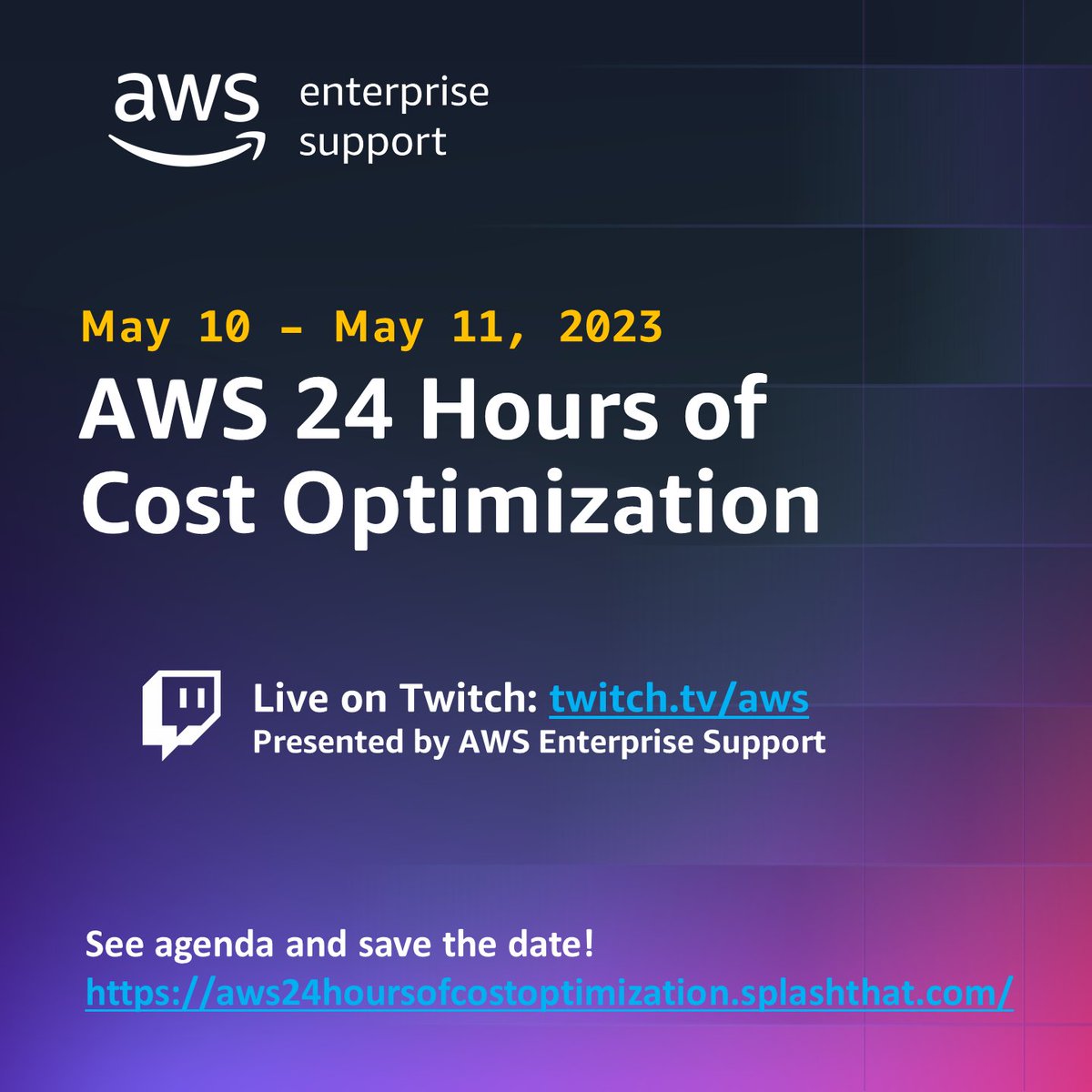 awsdevelopers's tweet image. 📺 If you haven&apos;t registered for the 24 Hours of AWS Cost Optimization live stream event yet (starting May, 10th and 11th), check the agenda, and tune in at twitch.tv/aws 💰 to learn from experts &amp;amp; ask your questions live! go.aws/3LEBP6Z
#OptimizeCloudCosts