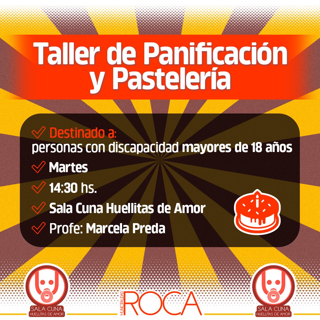 Desde la Sala Cuna Huellitas de Amor continuamos trabajando con las personas de discapacidad y generando espacios de capacitación y encuentros 🙌🏼. 
Por eso los invitamos a un Taller de Panificación y Pastelería que se llevará a cabo todos los martes a las 14:30 hs. 🥐🧁.