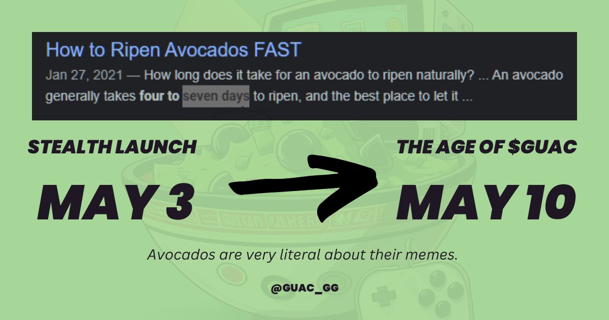guac_gg's tweet photo. AN AVOCADO TAKES SEVEN DAYS TO FULLY RIPEN.

$GUAC ISN'T ANY DIFFERENT  🥑🇲🇽

WELCOME TO THE MEME, AWAIT THE AGE OF $GUAC https://t.co/LAFUN11yUv