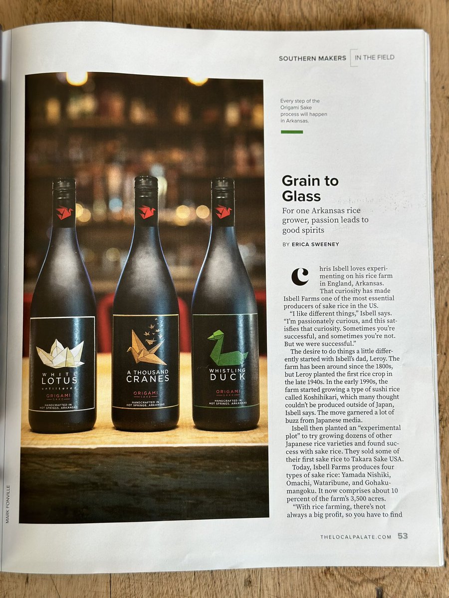 Isbellfarms's tweet photo. Thank you @TheLocalPalate ! What a beautiful magazine and wonderful article.
Excited that we get to work with awesome breweries like @Proper_Sake_TN and @OrigamiSake
#isbellfarms #propersake #origamisake #sake #arkansas #rice https://t.co/VX8bRnXrOi