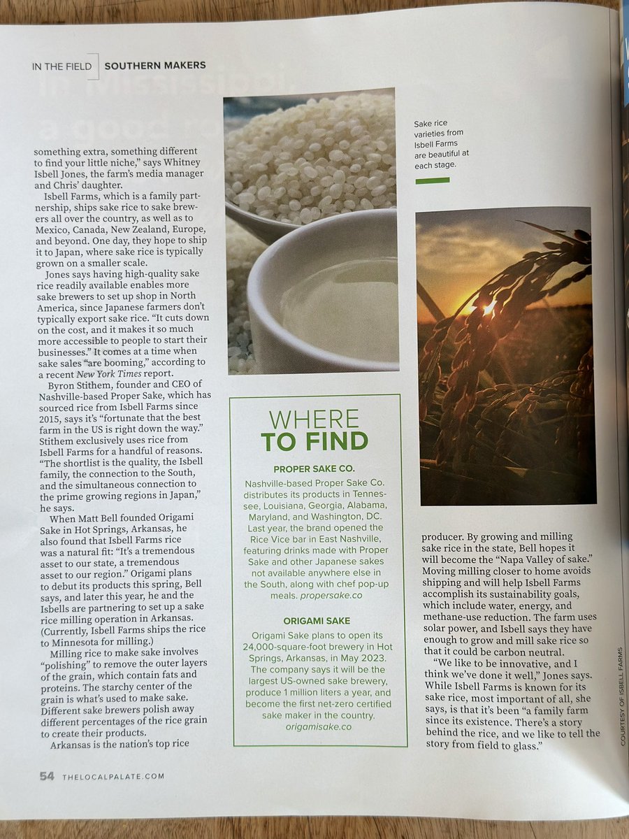 Isbellfarms's tweet photo. Thank you @TheLocalPalate ! What a beautiful magazine and wonderful article.
Excited that we get to work with awesome breweries like @Proper_Sake_TN and @OrigamiSake
#isbellfarms #propersake #origamisake #sake #arkansas #rice https://t.co/VX8bRnXrOi