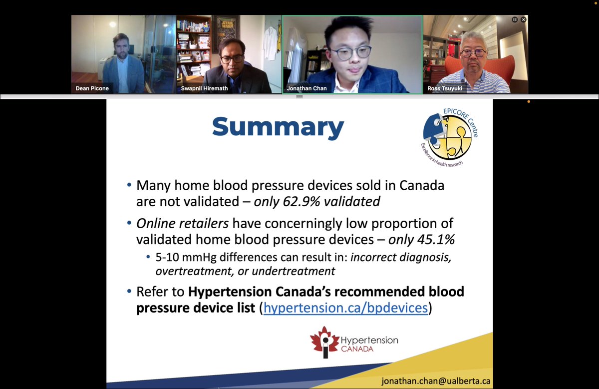 @HTNCanada webinar on the problem of unvalidated home blood pressure devices - beware - many devices not validated, esp those purchased online. See hypertension.ca/bpdevices. @jonathanchchan @hswapnil and Dr. Dean Picone