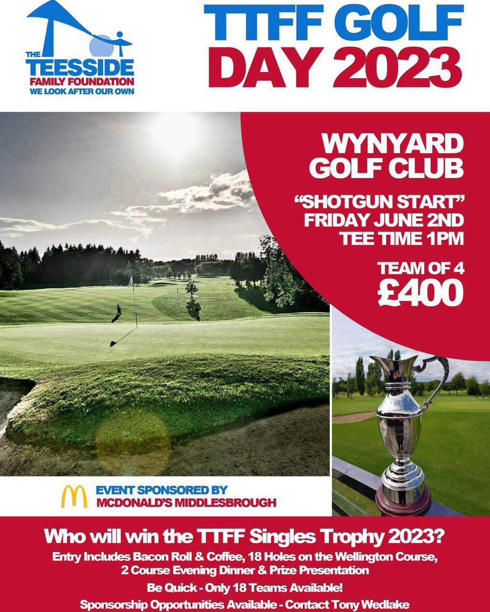 TeessideFamily's tweet photo. TTFF Golf Day 2023 ⛳️ 

🗓️ Friday, June 2nd 
⛳️ Wynyard Golf Club
🏌️‍♂️ Shotgun start

⛳️ Book your team here! 

https://t.co/TQyuRsMNgx

Your support is truly appreciated.

#WeLookAfterOurOwn #TTFF #Golf  #fundraising https://t.co/OVdI1DblIJ