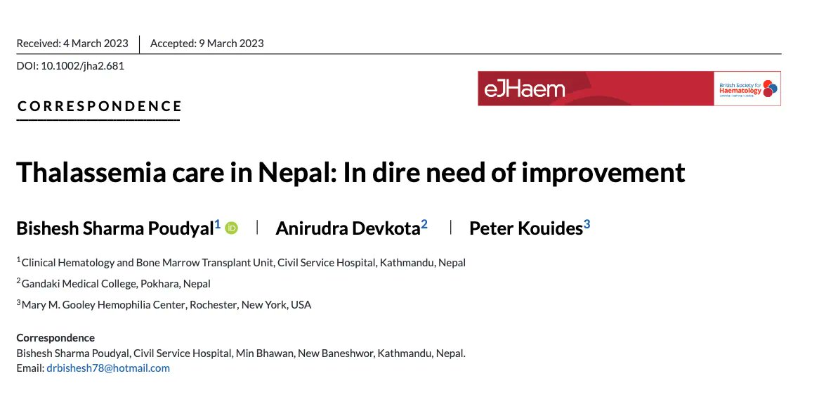 A must read correspondance 'Thalassemia care in Nepal: In dire need of improvement'
buff.ly/3LtkrC6 @BritSocHaem @WileyOnc_Hem #ThalassemiaAwareness 
#Thalassemia #WorldThalassemiaDay #May8