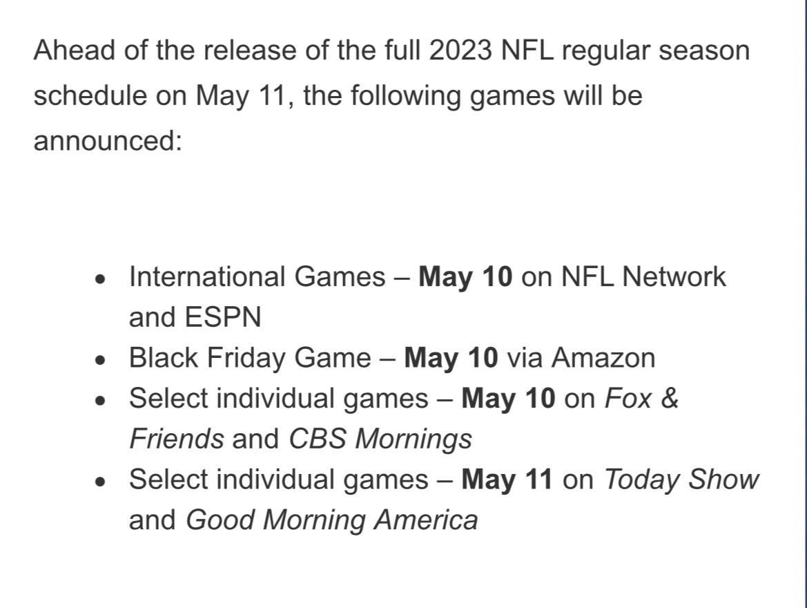 Warren Sharp on X: today the NFL announced that they will announce the  schedule on May 11 within today's announcement, they announced that they  will announce select games on TV shows prior