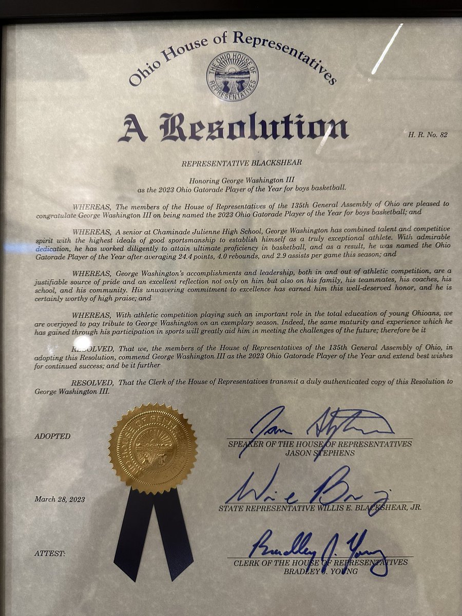 Today, Representative <a href="/willisb_jr/">Willis Blackshear Jr</a>, of the Ohio House of Representatives, presented <a href="/3dubbshoop/">George Washington lll</a> with A Resolution, honoring him for being named 2023 Gatorade Ohio Boy’s Player of the Year.