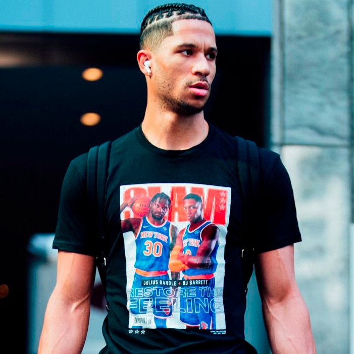 NBA_NewYork's tweet photo. Josh Hart wearing the Julius/RJ Slam cover on the way to Game 4 https://t.co/ogIrhCz5QV