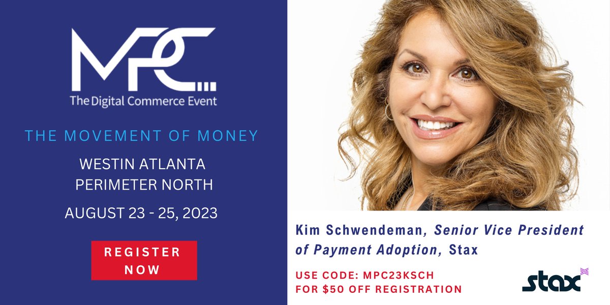 MPC 2023 is pleased to announce another speaker, Kim Schwendeman, who is the SVP of Payment Adoption @staxpayments! Don't miss out on this must-see event and save your spot now! Register here to save $50! mpcevent.com/register-now-p… #MPC23 #payments #innovation #Digital