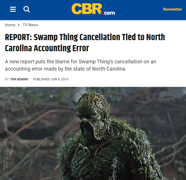 DC_moments's tweet photo. Despite being well-received, "Swamp Thing" (2019) was cancelled a week after its premiere.

Reportedly, that happened due to an accounting error by the sate of North Carolina - they promised WarnerMedia a $40 million tax rebate that ended up getting diminished to $13 million. https://t.co/TsGO6lCO2u
