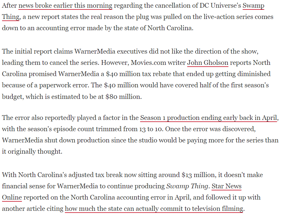 DC_moments's tweet photo. Despite being well-received, "Swamp Thing" (2019) was cancelled a week after its premiere.

Reportedly, that happened due to an accounting error by the sate of North Carolina - they promised WarnerMedia a $40 million tax rebate that ended up getting diminished to $13 million. https://t.co/TsGO6lCO2u