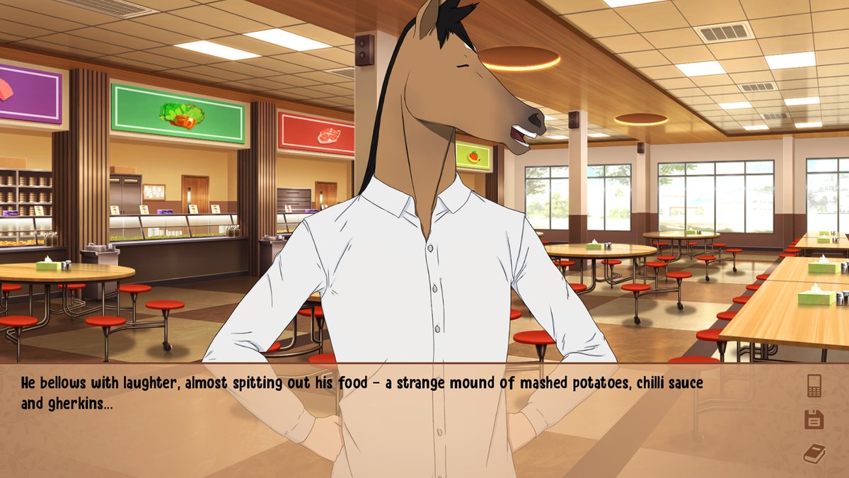 Get ready to bare witness to some of the strangest food concotions during your lunches with HorseFace...

#visualnovel #vndev #indiegame #indiedev #HybridHarmonyVN #screenshotsaturday #screenshot