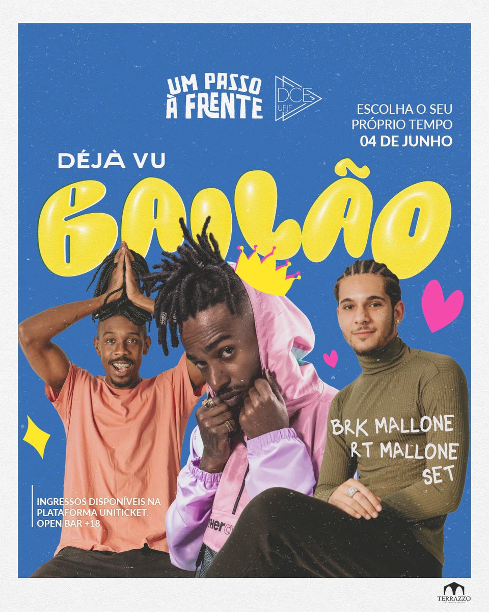 ufjfdce's tweet image. Sabia? Não sabia? Pois agora você tá sabendo.

RT MALLONE, BRK MALLONE e SET abrem nosso line-up do Bailão! Representando a cena, eles vão colocar fogo no palco do Terrazzo.

Vem conferir uma dica sobre nossa próxima atração: instagram.com/p/Cr_yyIYv3DA