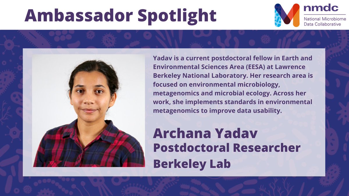 MicrobiomeData's tweet photo. Meet @archanaydv20,  one of our 2023 @MicrobiomeData Ambassadors. Learn more about our NMDC Ambassador cohort, please visit our main webpage: https://t.co/0T3QXuCw7u https://t.co/hHK7H9Lg1k