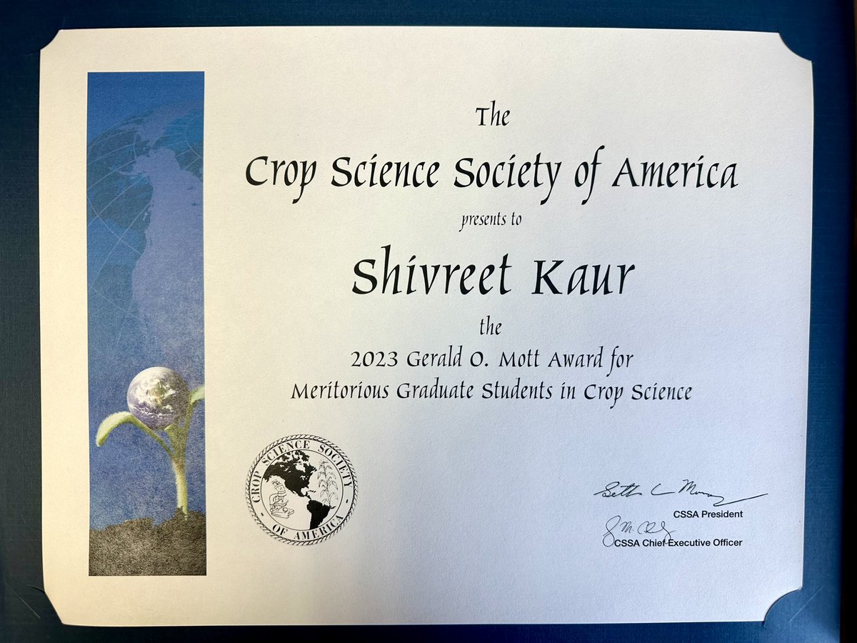Thrilled to share that I was a recipient of the 2023 Gerald O. Mott Award for Meritorious Graduate Students in Crop Science! 🎉