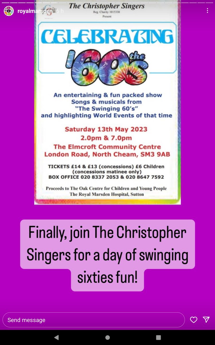 There's still time for you to reserve tickets for Celebrating the '60s. Just pick up your phone and make a call. If answer phone please leave message, order tickets and you can pick them up and pay on door. Simple. Please support #amdramtheatre and <a href="/royalmarsden/">The Royal Marsden Cancer Charity</a>