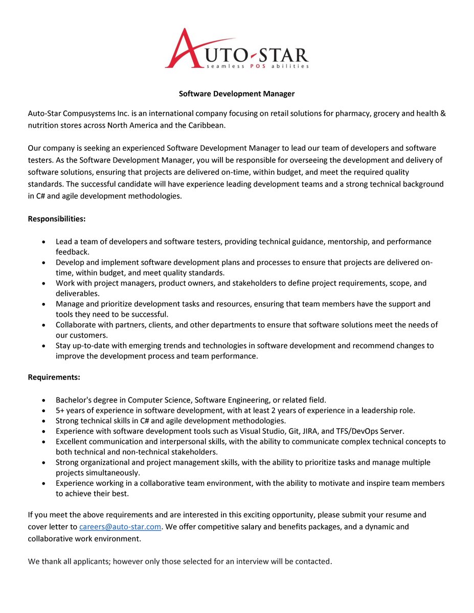 Auto-Star is hiring! We are filling a full-time in-office position for Software Development Management. Auto-Star offers a competitive compensation and  benefits package and the opportunity to grow in a dynamic environment  with great people! #hiring #medicinehat #job #Career
