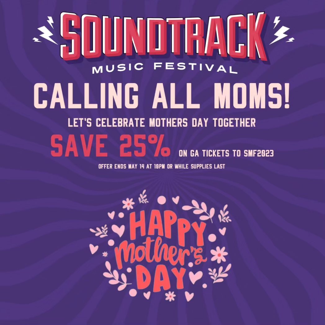 SoundtrackYEG's tweet photo. Got your Mother's Day gift yet? Give Mom the gift of music! Get 25% off general admission tickets to #SMF2023 this week only! 
🎟https://t.co/O4z02wE2Iw https://t.co/PKQzucbgAl
