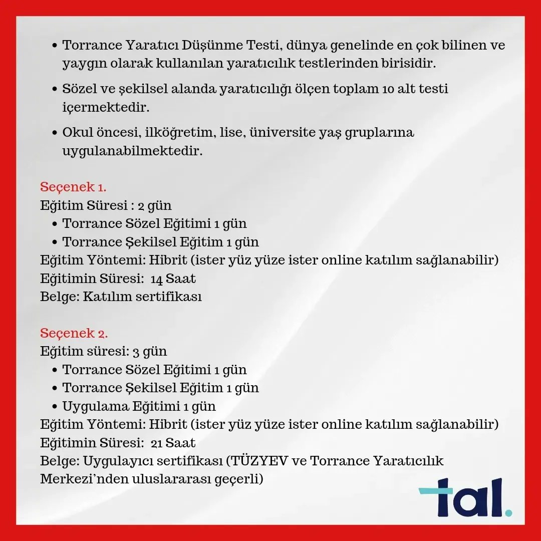 Tal Akademi (@talakademi) on Twitter photo Torrance Yaratıcı Düşünme Testi Eğitimi Dr. Serkan Demir (<a href="/dr_serkandemir/">Doç.Dr. Serkan Demir</a> ) tarafından gerçekleştirilecektir.
Detaylı bilgi ve kayıt için web sitemizi ziyaret edebilirsiniz ➡️
talakademi.com Torrance Yaratıcı Düşünme Testi Eğitimi Dr. Serkan Demir (<a href="/dr_serkandemir/">Doç.Dr. Serkan Demir</a> ) tarafından gerçekleştirilecektir.
Detaylı bilgi ve kayıt için web sitemizi ziyaret edebilirsiniz ➡️
talakademi.com