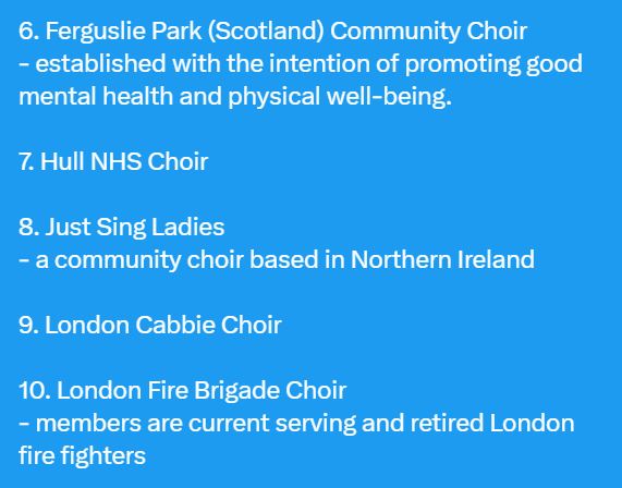 Millinillion3K3's tweet image. Cabbies, firefighters, nurses and farmers.
Schoolkids and seniors.
Speakers of Gaelic and Urdu and Sign.
Here's the list of all 18 choirs represented in Sunday's #coronationchoir.
❤️🙌👩‍🎤🧑‍🎤👨‍🎤🙌❤️