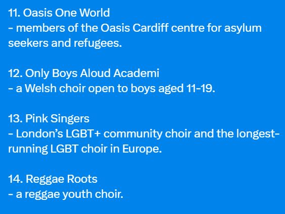 Millinillion3K3's tweet image. Cabbies, firefighters, nurses and farmers.
Schoolkids and seniors.
Speakers of Gaelic and Urdu and Sign.
Here's the list of all 18 choirs represented in Sunday's #coronationchoir.
❤️🙌👩‍🎤🧑‍🎤👨‍🎤🙌❤️