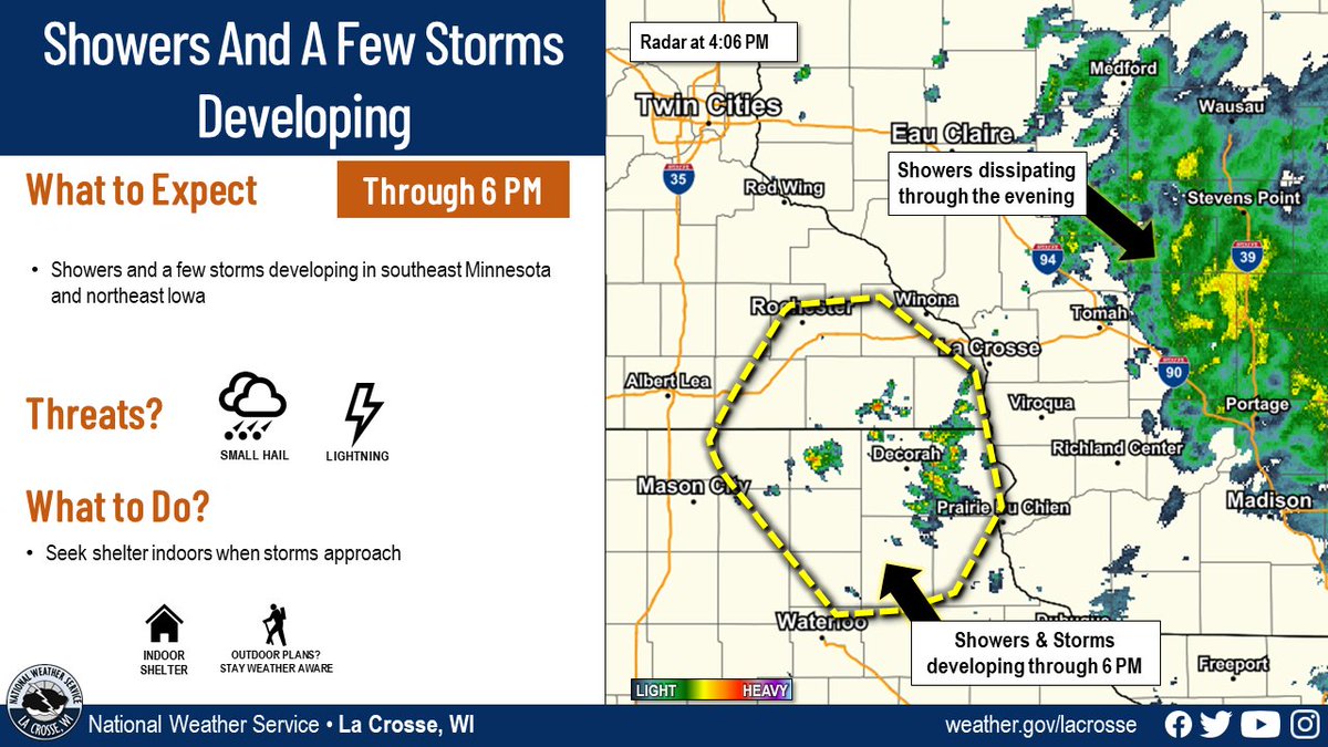 Through 6 PM, showers and a few storms are expected to continue to develop across southeast Minnesota and northeast Iowa. The main threat with any storm looks to be small hail and lightning. 

Continue to monitor the weather and seek shelter indoors when storms approach! https://t.co/syWWFNBfq5