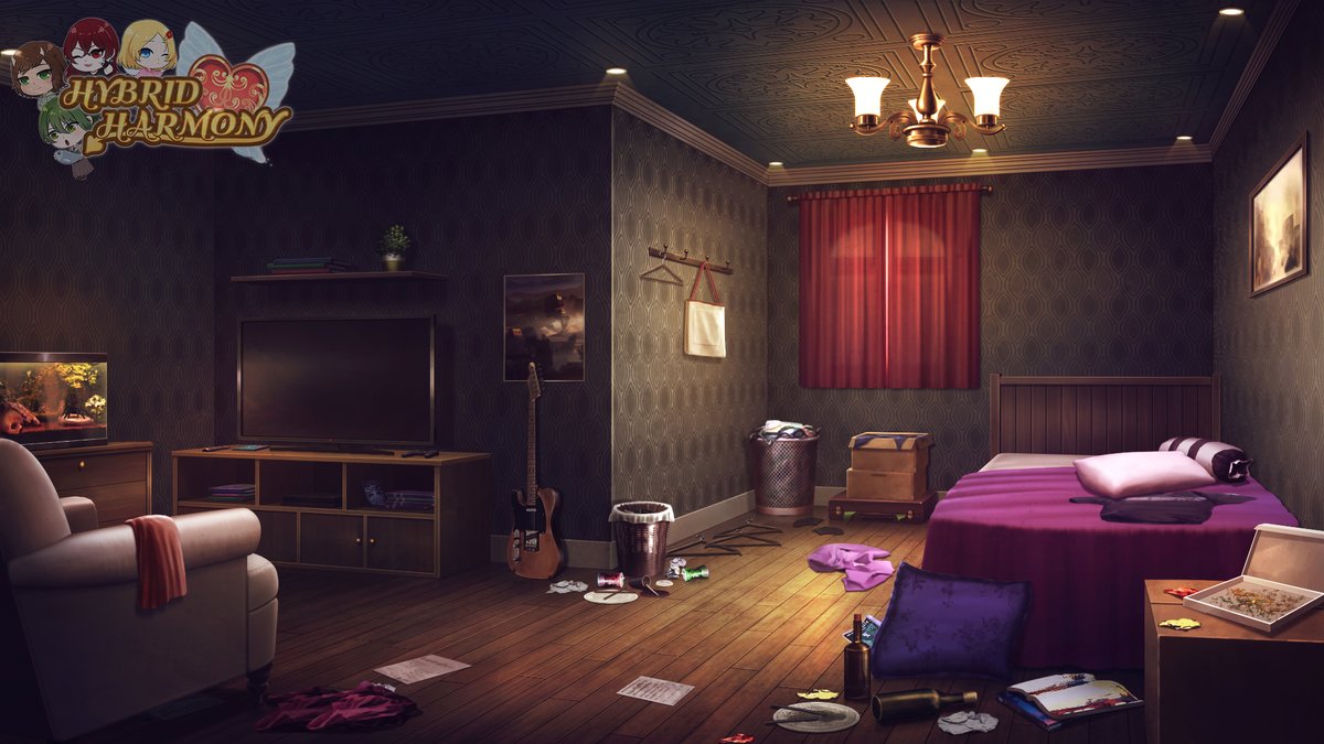 Here's a sneaky sneak-peek at Evelyn's bedroom! It's very... "lived in"...

#indiegame #indiedev #visualnovel #vndev #HybridHarmonyVN #art #screenshotsaturday