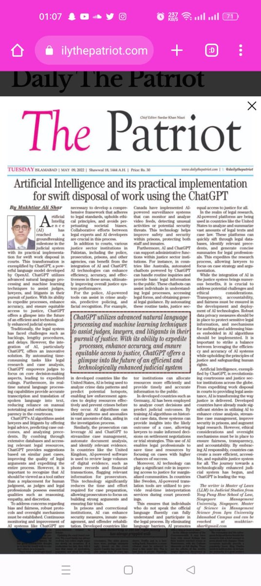 My article on "Artificial Intelligence and its practical implementation for swift disposal of work using the ChatGPT" published in today's The Patriot newspaper. 

 #artificialintelligence #work #smu #YPHSL #SingaporeJudicialCollege #AI #ChatGPT