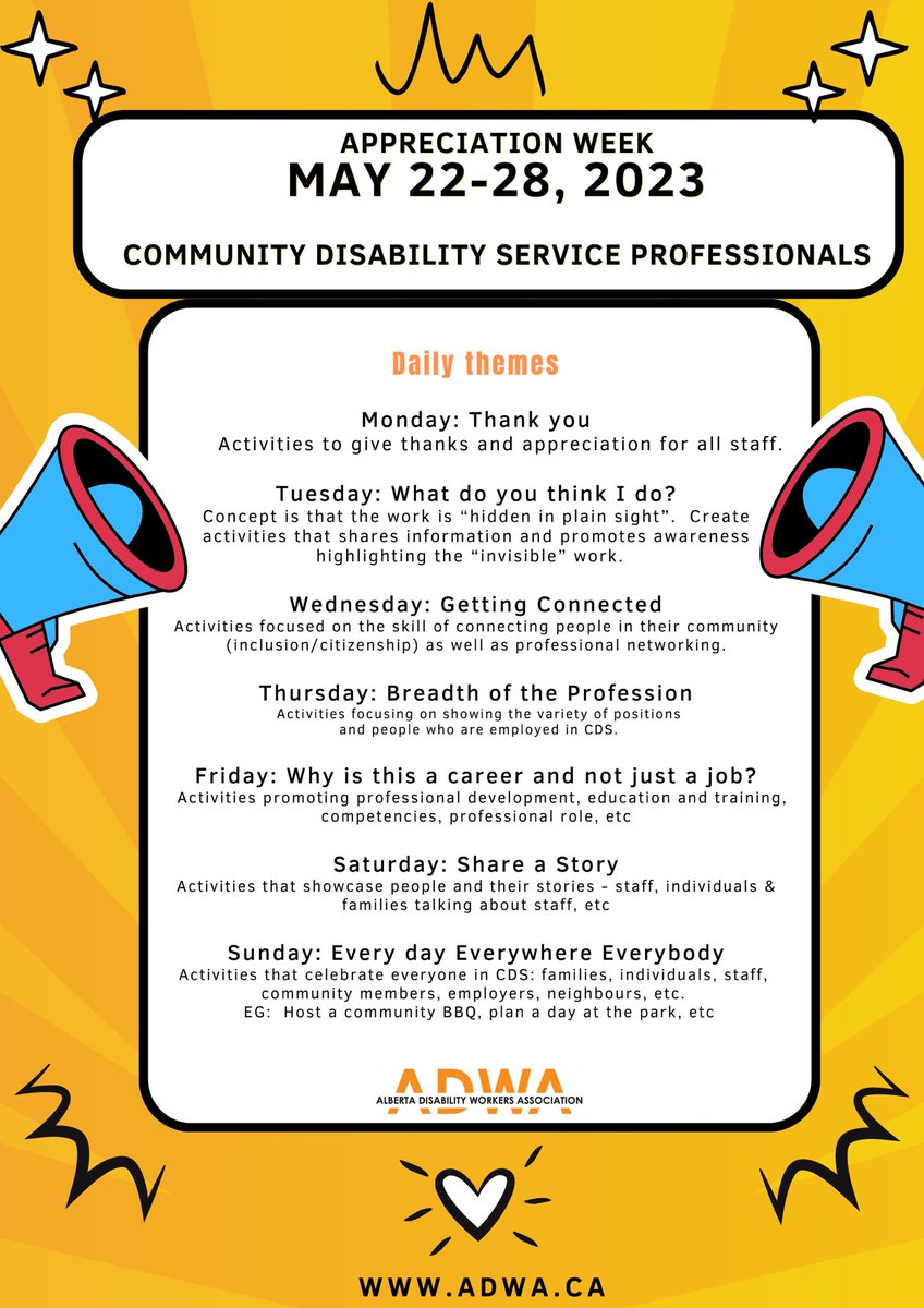 There are many ways to celebrate Community Disability Service Professionals. ADWA has suggested the following themes that can be easily incorporated. Please take some time between May 22-28, 2023 to show your support and appreciation.