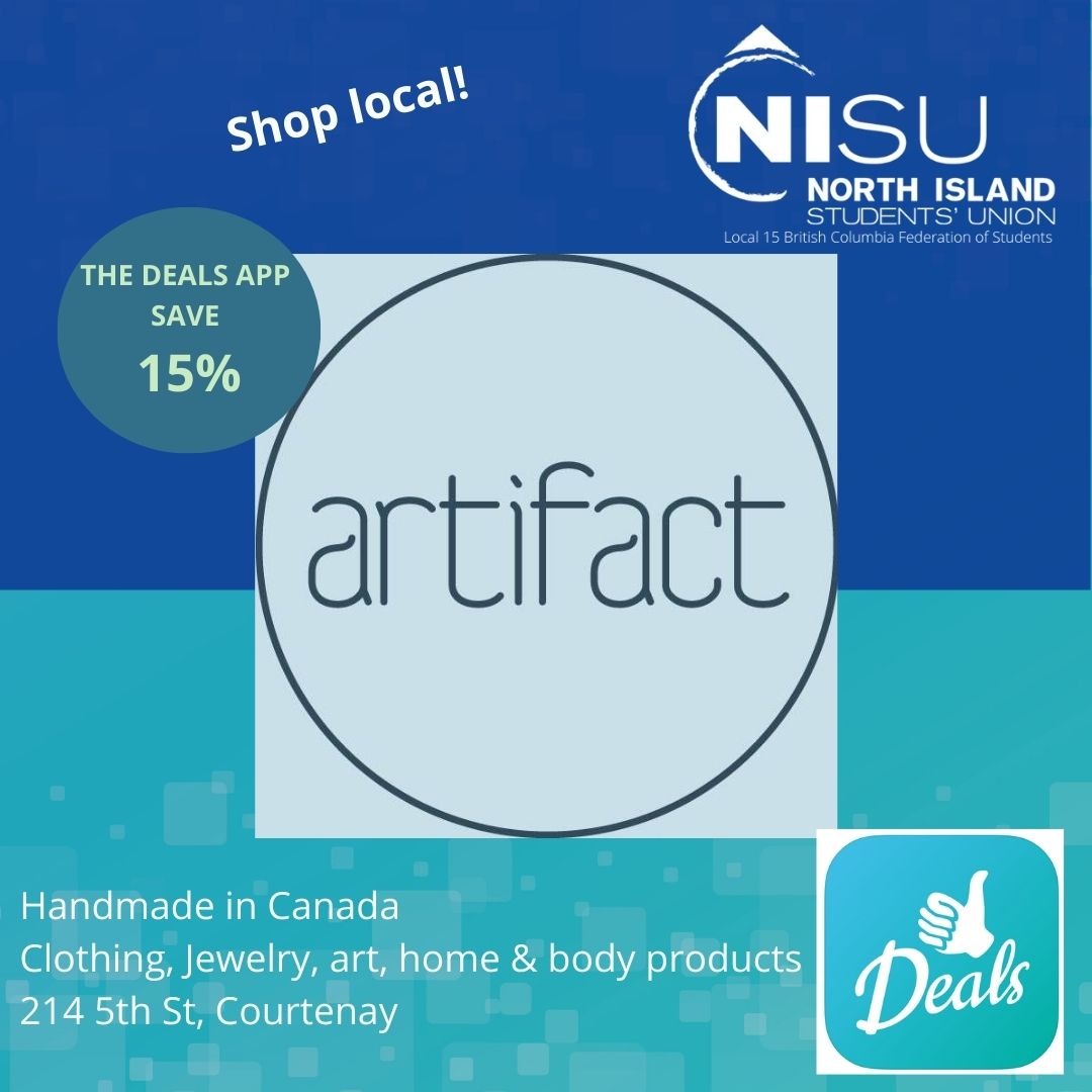 nisu_bcfs's tweet photo. Looking for something handmade in Canada? Use @thedealsapp to save money and support @Artifactshop in Courtenay. 15% discount available. #thebcfs #bcstudents #thedealsapp @nicstudentlife @nic_library https://t.co/3GltE9xPf3